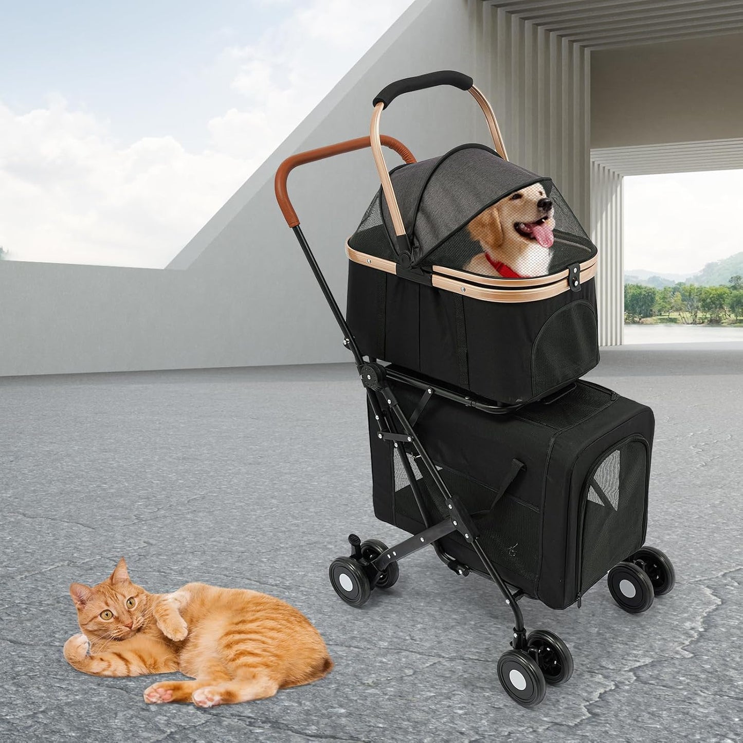 Double Pet Stroller for Dogs and Cats, Foldable Dog Stroller Travel Carriage with Detachable Carriers, Safety Belts, and 4 Lockable Wheels for Small to Medium Pets (Black) - Pawvie