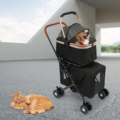 Double Pet Stroller for Dogs and Cats, Foldable Dog Stroller Travel Carriage with Detachable Carriers, Safety Belts, and 4 Lockable Wheels for Small to Medium Pets (Black) - Pawvie