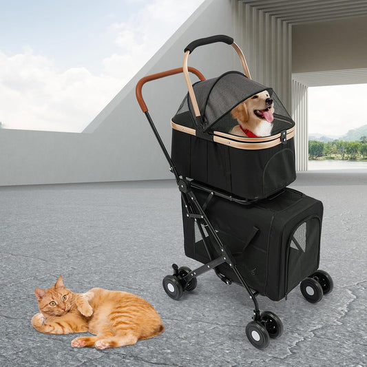 Double Pet Stroller for Dogs and Cats, Foldable Dog Stroller Travel Carriage with Detachable Carriers, Safety Belts, and 4 Lockable Wheels for Small to Medium Pets (Black) - Pawvie