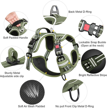 Timos Dog Harness Medium Sized, No Pull Pet Harness with Neck Lockable Snap,No Choke Front Clip Dog Reflective Vest,Adjustable Metal Rings 3 Buckles,Easy Control Handle for Medium Dogs Green M