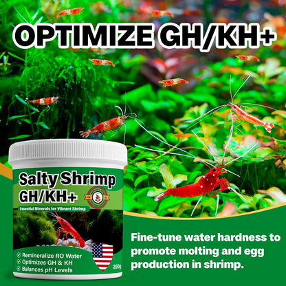 Salty Shrimp GH/KH+ 200G, Keep Your Shrimp Alive, Boost Breeding Healthy & Remineralize RO Water, The Shrimpies Stopped Dying Once You Dripped Our GH/KH+ in with RO Water
