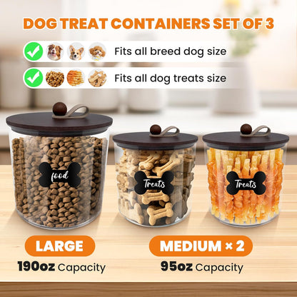 3 Pack Airtight Dog Food Storage Container, Dog Treat Container Dog Food Container with Wood Lids 8x7''&6x5'',Pet Food Storage Container,Cat Food Containers with Scoops,Clamp,Labels,Pens