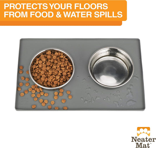 Neater Pet Brands Neater Mat Pet Mats for Food and Water, Cat & Dog Bowl Mat Waterproof Silicone, Feeding Tray, Dog Food Mats for Floors, Placemat w/Raised Edge for Under Bowls, 16” x 10”, Grey