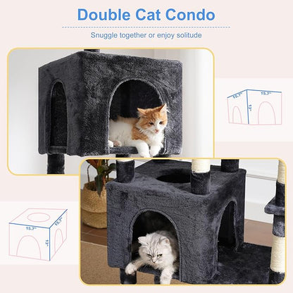 Heybly Cat Tree, 76-Inch Tall Heavy Duty Cat Tower for Big Cats with Extra Wide Baseboard, Multi-Level Large Cat Furniture with 2 Condos & 2 Hammocks, 10 Scratching Posts, Smoky Gray HCT039G