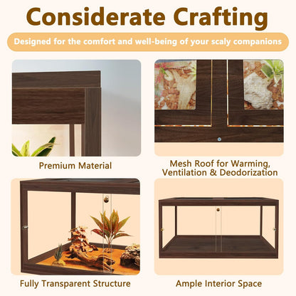 PROLEE Bearded Dragon Tank,60 Gallon Reptile Tank with Meatl Mesh Roof and Front Sliding Door, Anti-Scratch Lizard Tank,Spacious Reptile Enclosure for Snakes,Lguanas, Chameleons(Walnut)