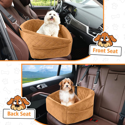 Dog Car Seat for Small Medium Dogs,Detachable Washable Dog Booster Seat Under 30lbs,Pet Car Seat Travel Bed with Storage Pockets and Dog Safety Belt（Brown - Pawvie