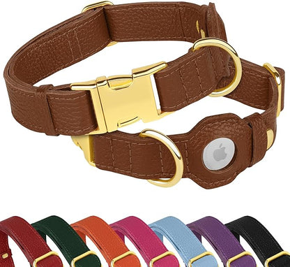 Leather Airtag Dog Collar - Soft Tracking Dog Collar with Apple AirTag Holder and Metal Buckle - Safety GPS Pet Collars for Small Medium Large Dogs Puppy Pink Red (Brown, XS, 9"-12" Neck Fit)