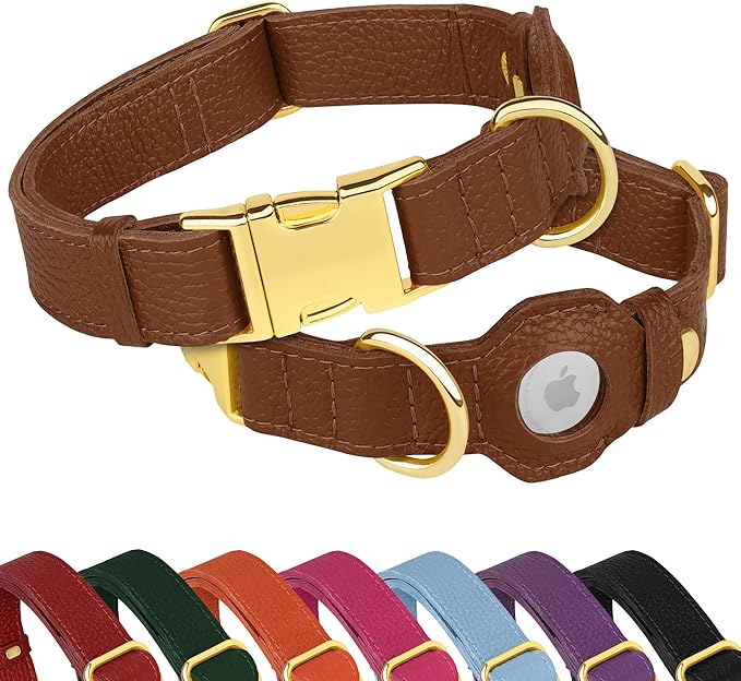 Leather Airtag Dog Collar - Soft Tracking Dog Collar with Apple AirTag Holder and Metal Buckle - Safety GPS Pet Collars for Small Medium Large Dogs Puppy Pink Red (Brown, M, 14"-18" Neck Fit)