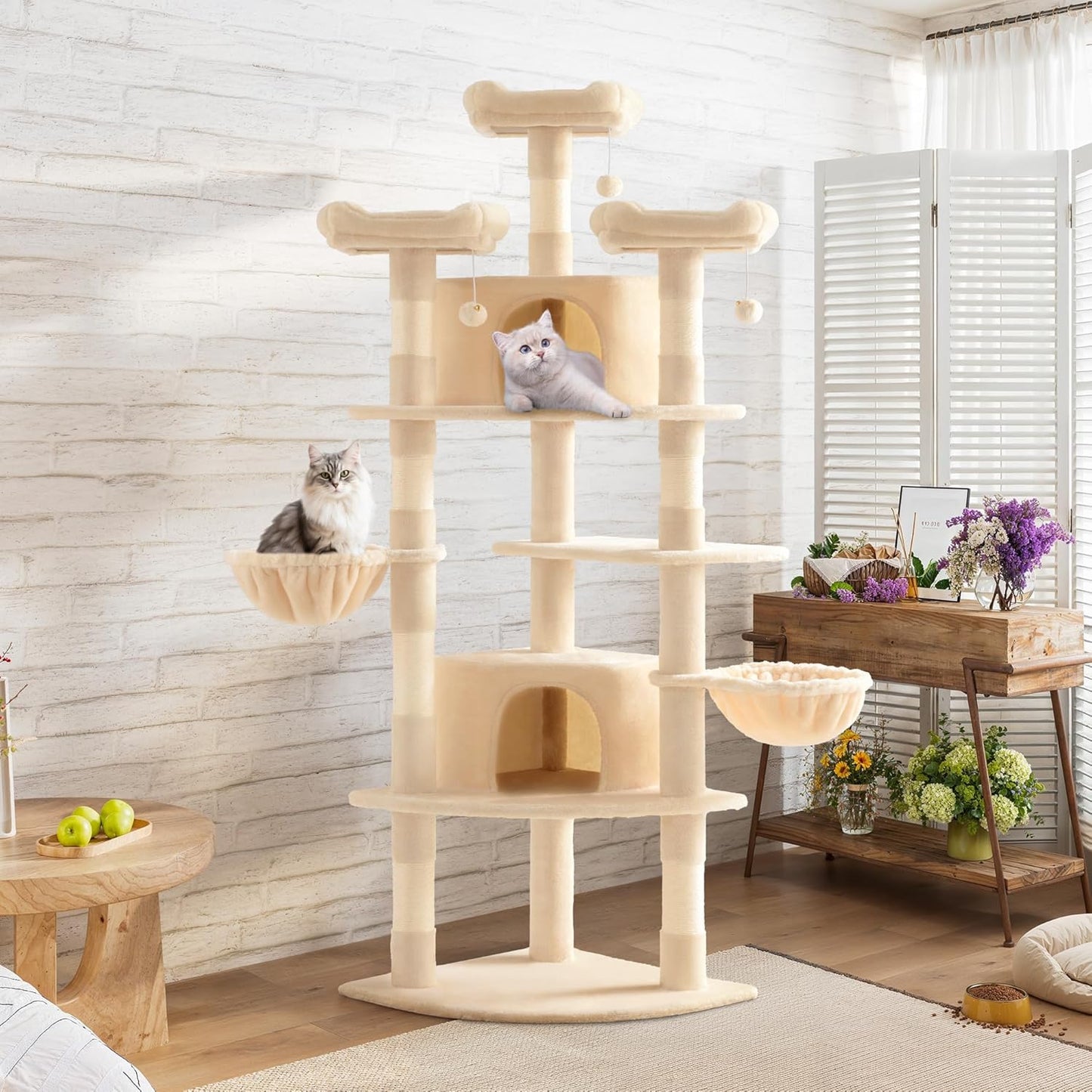 SHA CERLIN 73in Fan-Shaped Corner Cat Tower for Save Space/Multi-Level Tall Cat Tree for Indoor Kitties/Condo with Baskets/Cozy Perches/Sisal Scratching Posts/Pet Activity House/Beige