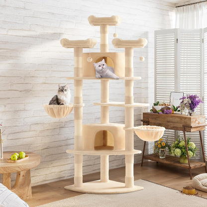 SHA CERLIN 73in Fan-Shaped Corner Cat Tower for Save Space/Multi-Level Tall Cat Tree for Indoor Kitties/Condo with Baskets/Cozy Perches/Sisal Scratching Posts/Pet Activity House/Beige