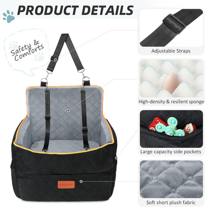 Small Dog Car Seat, Memory Foam Dog Booster Seats with Thick Cushion for Medium Dogs Under 35lbs, Detachable Washable Pet Car Seat Bed with Storage Pockets,2 Safety Belts