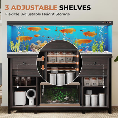 Miereirl 75-120 Gallon Fish Tank Stand with Power Outlet – Heavy Duty Aquarium Stand, Rustic Farmhouse Style, 1000 lb Capacity, Adjustable Storage & Sliding Barn Doors, Dark Brown