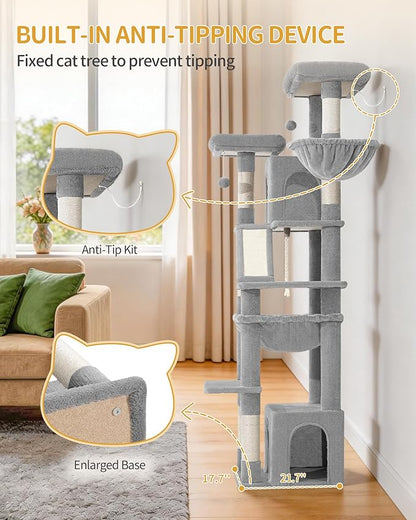 Large Cat Tree, 72 Inch Tall Indoor Cat Tower for 6 Large Cats, Corner Climbing Activity Pet Condo with 2 Large Platforms/2 Cats House/6 Scratching Post/1 Hanging Basket, Light Gray MS18318LG