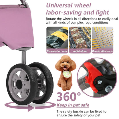Dog Stroller,3 Wheels Travel Folding Pet Stroller for Small Medium Dog Cat Jogger Stroller with Storage Basket Removable Liner Pink