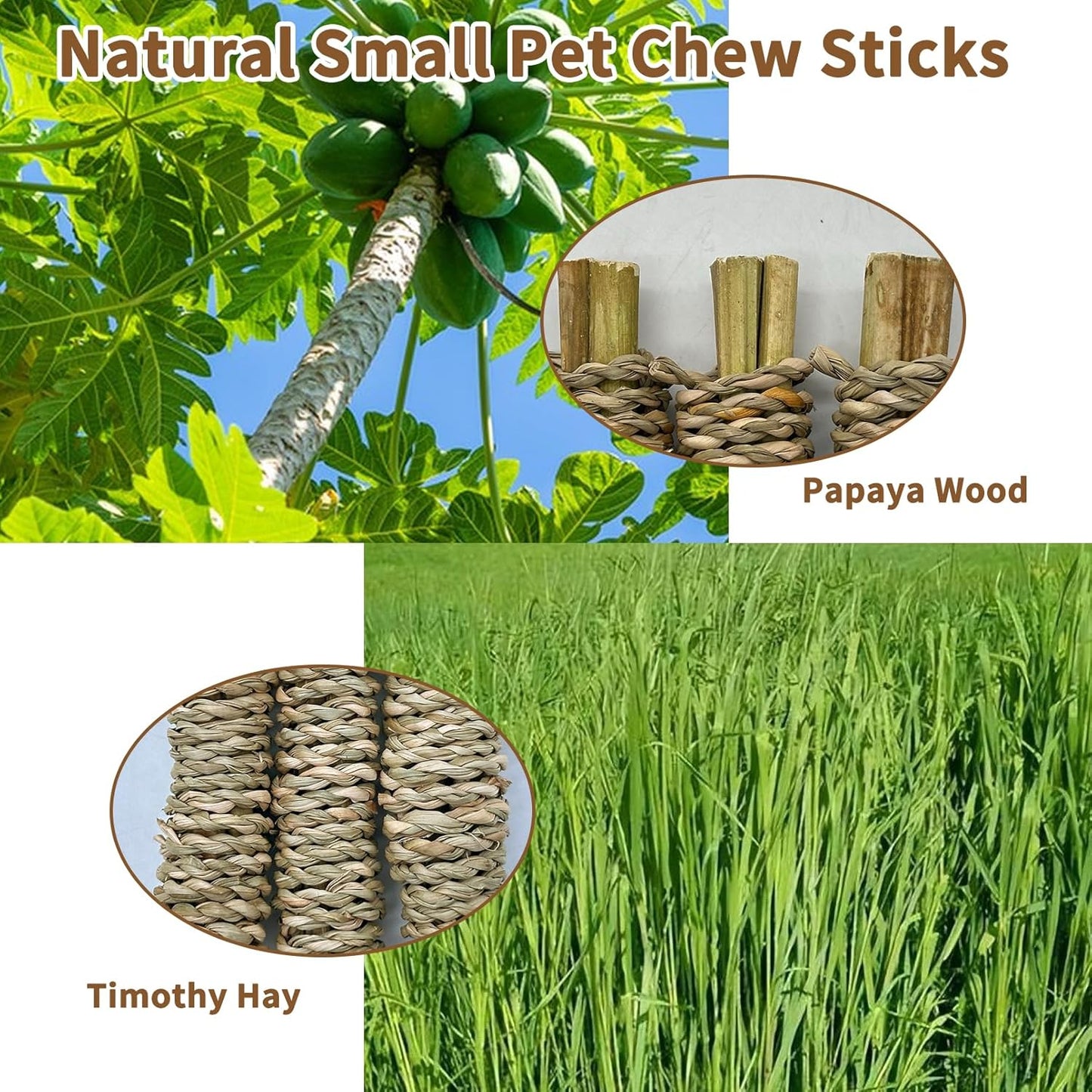 Fhiny 12 PCS Rabbit Chew Sticks, Natural Papaya Wood Seagrass Guinea Pig Chew Toys for Teeth Small Animal Molar Sticks Snacks for Bunny Guinea Pig Chinchilla Ferret Hamster Gerbil Dental Care