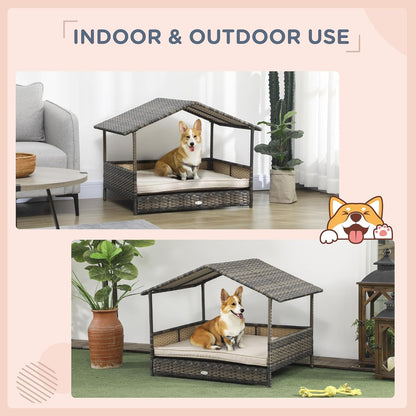 PawHut Wicker Dog House Outdoor with Canopy, Rattan Dog Bed with Water-Resistant Cushion, Raised Dog Bed for Small, Medium Dogs up to 66 lbs, 19.75" in Length, Brown Wicker, Khaki Cushion
