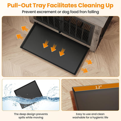 Dog Crate Furniture, Dog Crate End Table for Small and Medium Dogs,Wooden Cage Kennel Furniture Indoor, Modern Dog Crate with Multi-Purpose Removable Tray, Double-Doors Dog Furniture, Greige