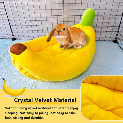 Rabbit Bed,Bunny Bed,Thick&Soft with Removable Mat,Machine Washable Guinea Pig Cushion,Cozy Rabbi Plush House,Warm Small Animal Sleeping Beds(Yellow Banana Shape-L)