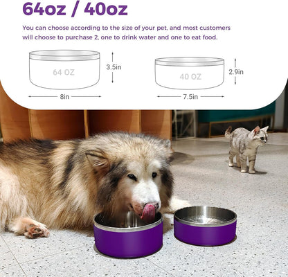 Dog Bowl, Stainless Steel Dog Food and Water Bowl with Non Slip Quiet Bottom, Easy to Clean, Dishwasher Safe, 64oz, Purple