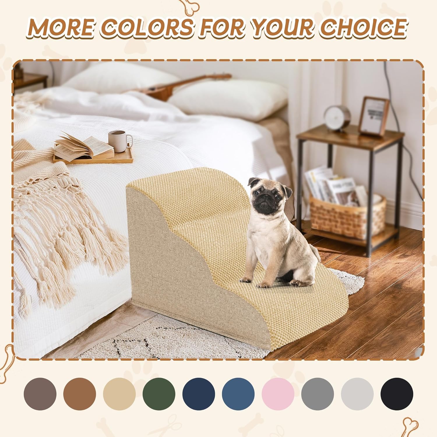Romrol Dog Stairs Ramp for High Beds Couches, High Density Foam Pet Steps with Durable Non-Slip Waterproof Fabric Cover, Dog Stairs for Small Dogs or Cats or Pets, 3-Step,15 Inch,Beige - Pawvie