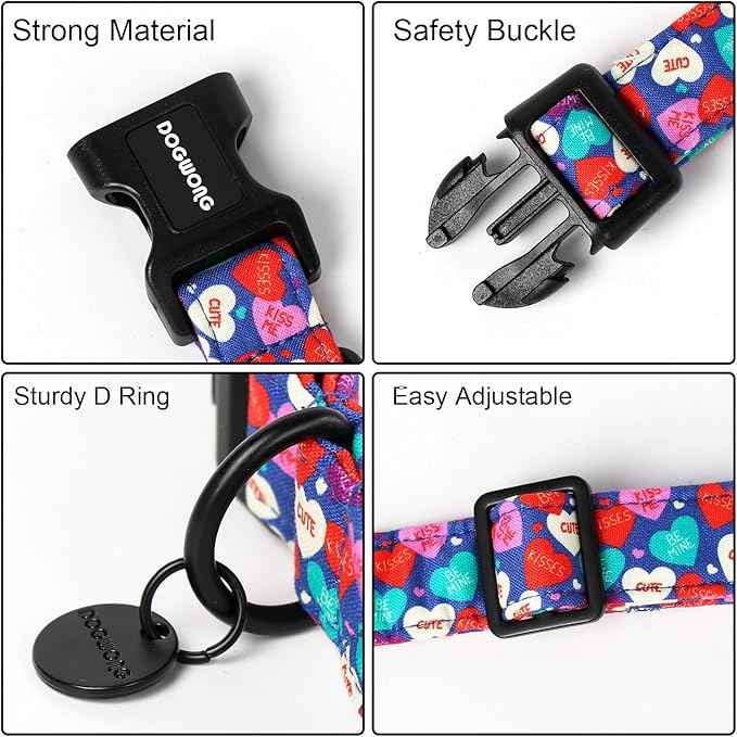 DOGWONG Valentine's Dog Collar - Blue Heart Candy Adjustable Cotton Heart Dog Collar - Perfect for Small, Medium, Large Dogs