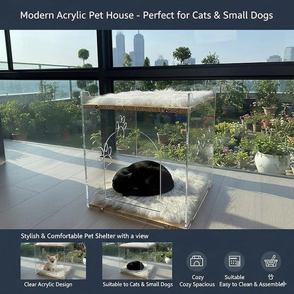 Cozy Double Layer Clear Wood Cat House for Indoor Cat Bed and Small Dog Bed - Soft Blanket Acrylic Square Design, Perfect Pet Necessities