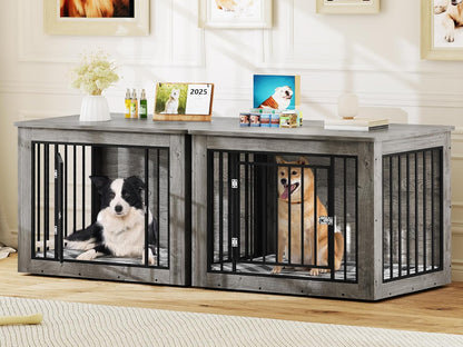 YITAHOME 76 Inch Double Dog Crate Furniture, XXL Dog Crate Furniture for 2 Dogs, Side End Table, Waterproof Top, Safety Corners, 2-in-1 Iron-Wood Fusion Dog Kennel Furniture for 2 Large Dogs,Greige