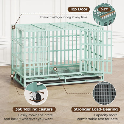 48IN Heavy Duty Dog Crate Steel Escape Proof, Indoor Double Door High Anxiety Cage Removable Tray, Extra Large,Green