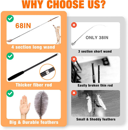 JXFUKAL 2025 Latest Cat Wand Toy, 68”Extra Long Cat Fishing Pole Toy, 4PCS Natural Huge Feather Refills with Silvervine Sticks for Indoor Cats Kitten Kitty Teeth Cleaning Exercise Accessories