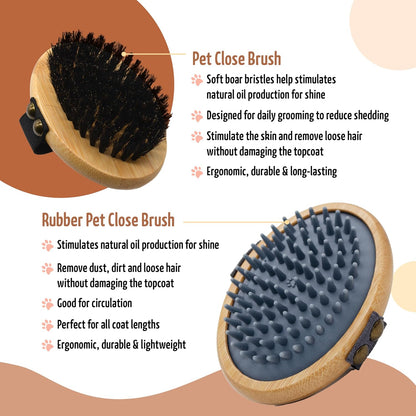 The Buddy System Pet Close Brush, Soft Touch Oval Palm Brush - Bamboo Massage Handheld with Soft Boar Bristles and Elastic Band for Dogs and Cats (2-pack, 1 Brush + 1 Rubber)