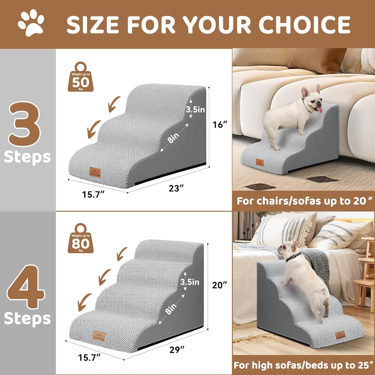 Dog Ramp and Stair for Bed 16" H-20 H,3-Step Cat Stair for Sofa and Chair,4-Step Dog Ramp for High Bed and Window,Durable Nonslip Fabric Cover for Indoor (Light Grey-16 H, Pet Friendly, 3) - Pawvie