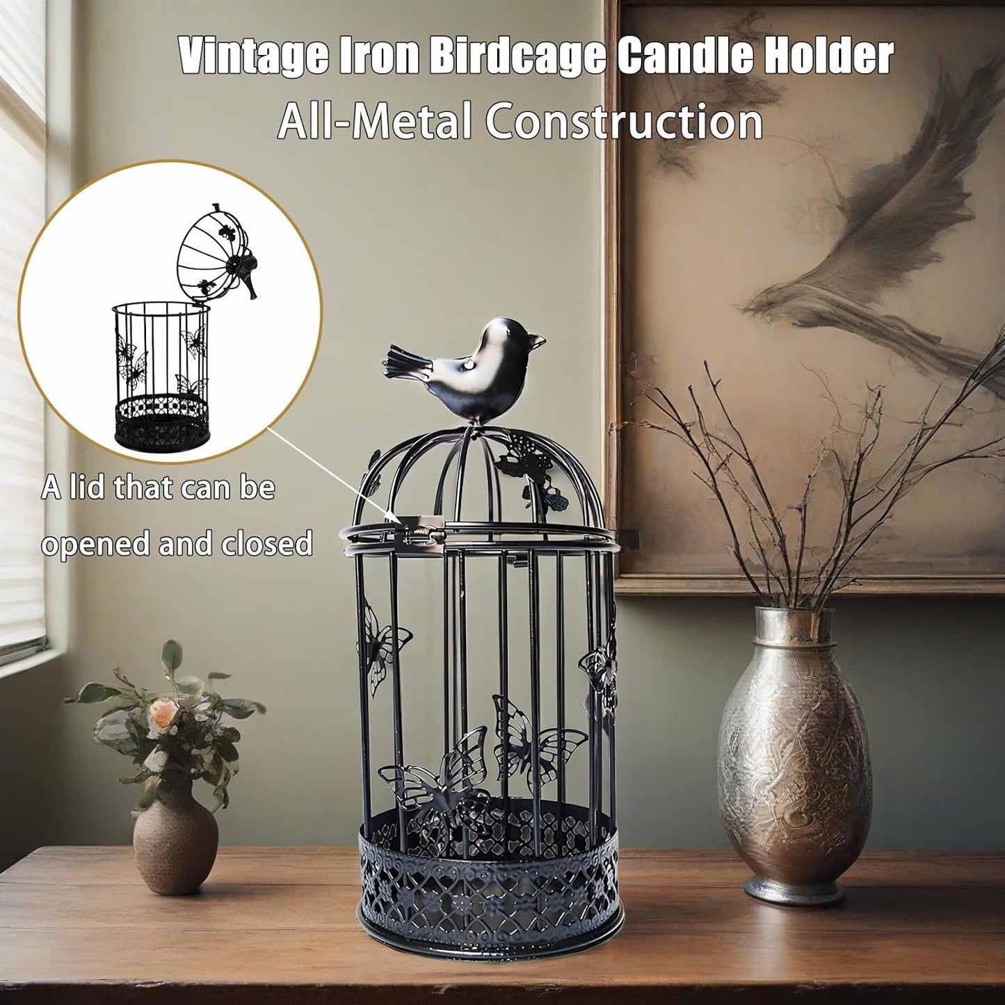 Vintage Decorative Bird Cage，Metal Black Bird Cage Decor for Candelabros para Centros De Mesa & Lanterns Decorative Indoor Suitable Wedding Party, Dining Table，Fireplace Metal Lantern&Bird Cage Decor