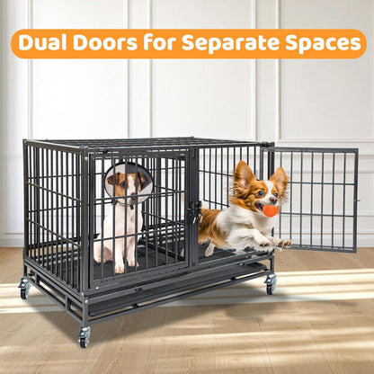 Homey Pet 43 Inch Heavy Duty Dog Crate Cage Kennel for Medium Dogs with Three Door, Divider, Removable Grid & Tray, 4 x Lockable Wheels, 2 x Bowls, Stackable Drop Cages for Breeders, Groomers