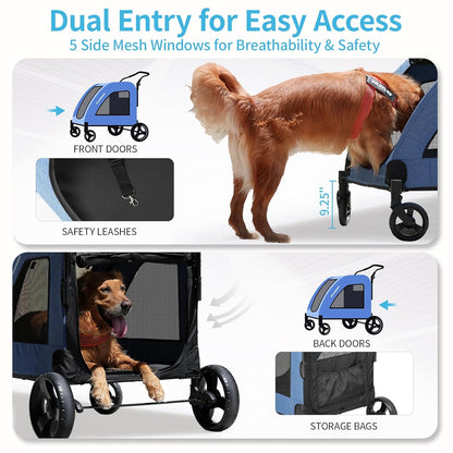 EchoSmile Heavy-Duty Large Dog Stroller with Shock-Absorbing Wheels, Foldable Pet Travel Carrier for Medium & Large Dogs, 5 Mesh Windows, 160 lbs Capacity, Easy Assembly & Storage - Pawvie