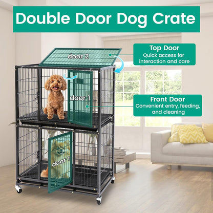 Two-Tier 30 Inch Small Dog Crate, Heavy Duty Drop Dog Cage for Small Dogs Kennels Indoor with Auto-Locks, Removable Trays, Metal Floor Grids and 360° Lockable Wheels