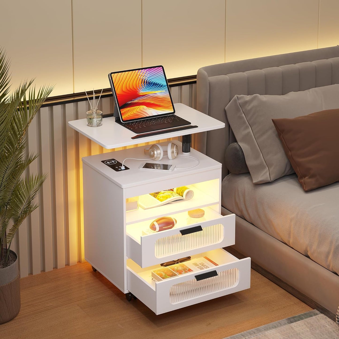 HNEBC Nightstand Set of 2, LED Nightstand with Wireless Charging Station/USB Ports,Smart Nightstand Has Adjustable Rotary Workstation with 2 Drawers,Modern Bedside Table for Bedroom Furniture(White)