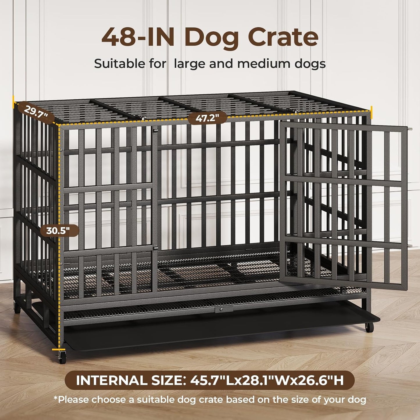 48 Inch Heavy Duty Indestructible Dog Crate Steel Escape Proof, Indoor Double Door High Anxiety Cage, Kennel with Wheels, Removable Tray, Extra Large XL XXL
