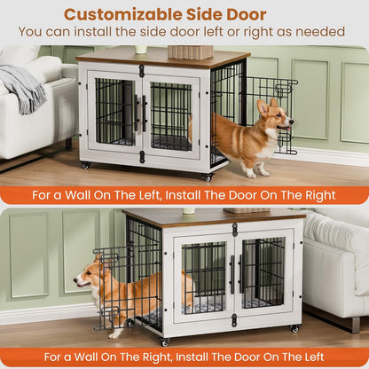 Lulive Dog Crate Furniture for Medium Dogs, 32'' Dog Kennel Indoor with Cushion & Wheels Wooden Dog Cage Double Doors Dog Crate End Table, White