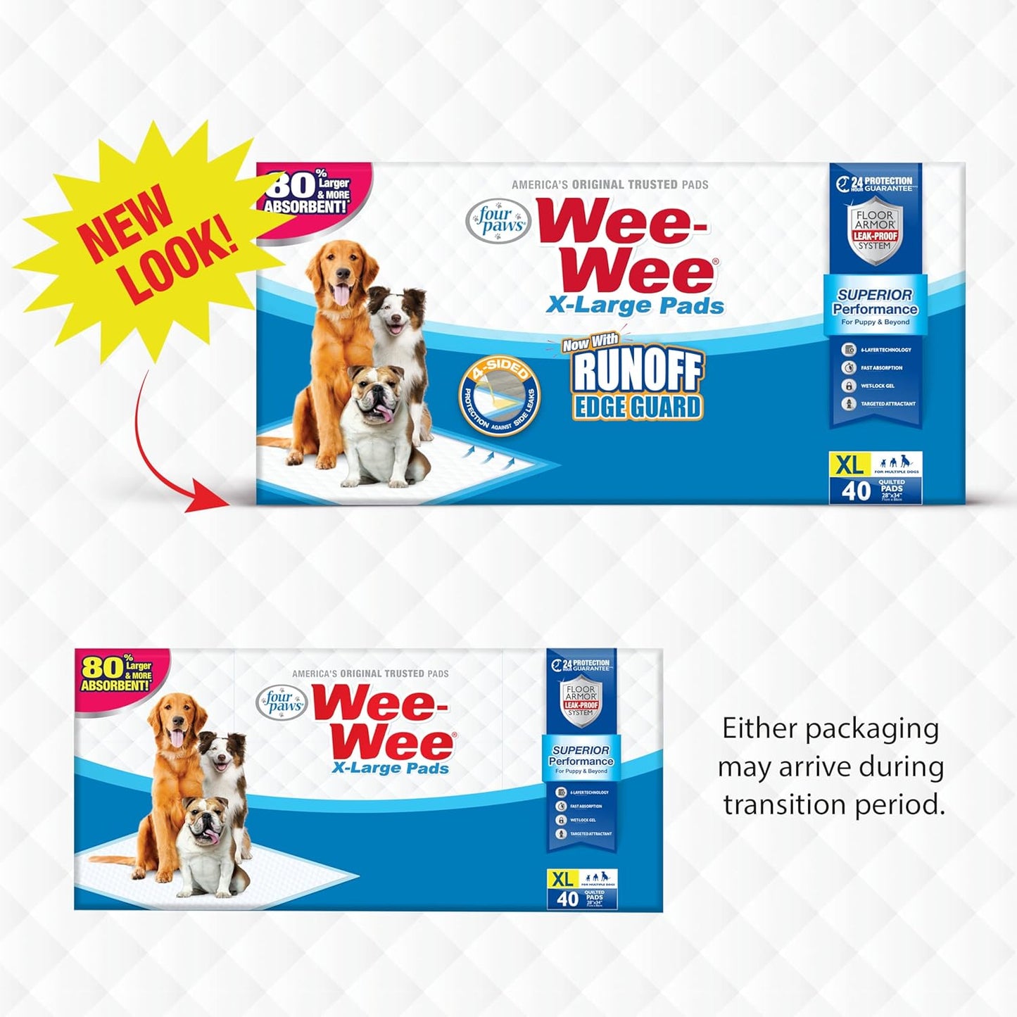 Four Paws Wee-Wee Superior Performance XL Pee Pads for Extra Large Dogs, Leak-Proof Floor Protection Dog & Puppy Quilted Potty Training Pads, Unscented, 28" x 34" (150 Count)