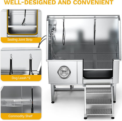 DWVO Professional Pet Dog Bathing Station for Grooming, 50'' Dog Grooming Bathtub with Right Staris, Floor Grate, Faucet, Showerhead & Soap Holder for Large, Medium & Small Pets