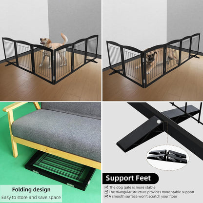 ZJSF Freestanding Dog Fence Indoor, Foldable Dog Gate for Doorways, Stairs or Hallways, Sturdy Wood Extra Wide Pet Gate with Support Feet for The House, Black, 32 "Height-6 Panels