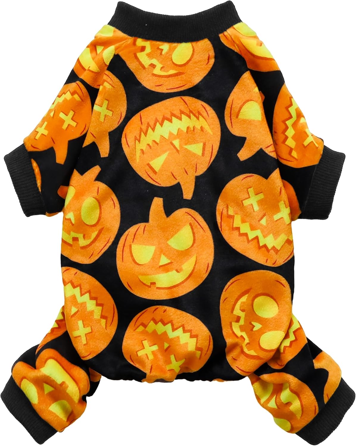 Fitwarm Halloween Pumpkin Dog Pajamas, Funny Dog Winter Clothes for Small Dogs Girl Boy, Pet Jumpsuit, Cat Halloween Costumes with Feet, Lightweight Velvet, Black, Orange, Small