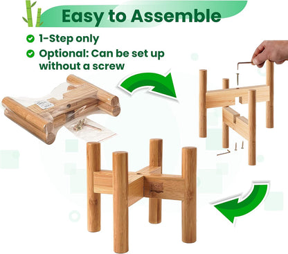 Dog Bowl Stand for Medium Breeds - Raises Bowls to 9-inch High, Ants/Bugs-Off - Adjustable, Fits Various Sizes of Dog Food/Water Bowls and Slow Feeders - Bamboo