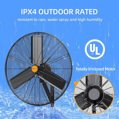 24 inch Outdoor Oscillating Wall Mounted Fan, High Velocity IPX4 Waterproof 7600 CFM Industrial Metal Wall Fan, 2 Speed, Adjustable Tilt, for Greenhouse, Patio, Garage, Workshop