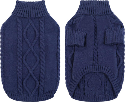 Queenmore Small Dog Pullover Sweater, Cold Weather Cable Knitwear, Classic Turtleneck Thick Warm Clothes for Chihuahua, Bulldog, Dachshund, Pug (Dark Navy, X-Small)