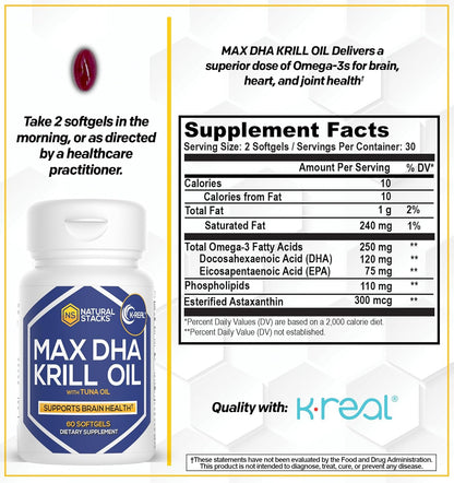 Antarctic Krill Oil Supplement - DHA EPA Omega 3 Supplement with Antioxidant Astaxanthin - Omega 3 Fish Oil to Support Brain, Heart & Joint Health - 60 Krill Oil SoftGels