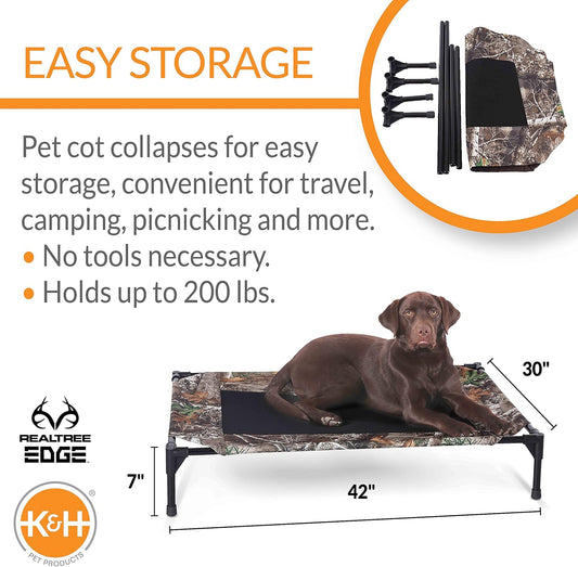 K&H Pet Products Outdoor Elevated Dog Cot, Breathable Cooling Elevated Cot Hammock Pet Bed for Large Dogs, Washable Mesh Cover, Raised Metal Frame, Collapsible, Portable - Large 42 X 30in Camo