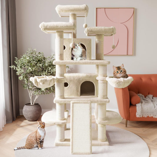 SHA CERLIN 68 Inches Multi-Level Large Cat Tree for Large Kitties/Big Cat Tower with Condo/Cozy Plush Pussycat Perches/Sisal Scratching Posts and Hammocks/Activity Center/Beige