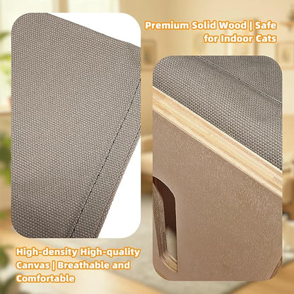 Cute Cat Head Wooden Indoor Cat House, Double Decker Cat Shelter with Elevated Soft Canvas Upper Bed, Multi-Level Pet Condo for Cats & Rabbits