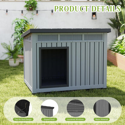 Dog House Indoor Outdoor,Resin Waterproof Puppy Shelter with Air Vents and Elevated Floor,Air Rod on Top to Open,Dog Kennel for Small to Large Dogs(Grey,42.87 * 32.95 * 31.61)
